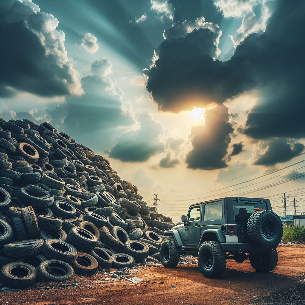 A jeep in front of a mountain of tires